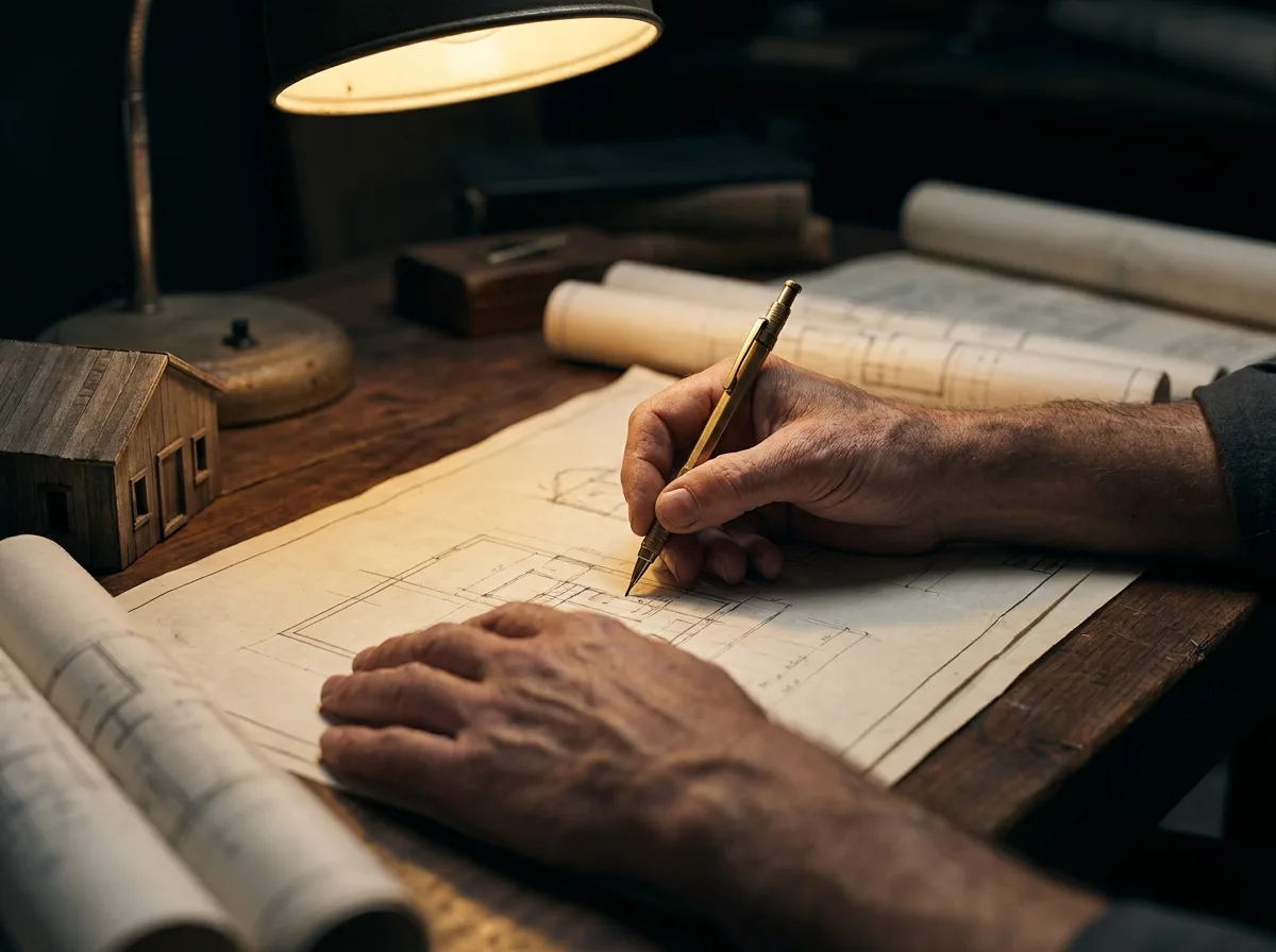 Architect aan het werk op technische plannen
